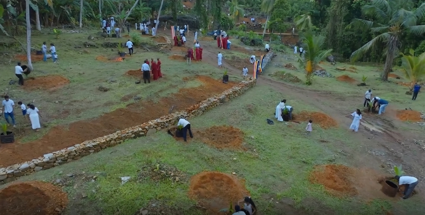 Aerial view of community members planting trees for the Vimukthi Foundation Coconuts for Sustainability project in Baddegama Sri Lanka