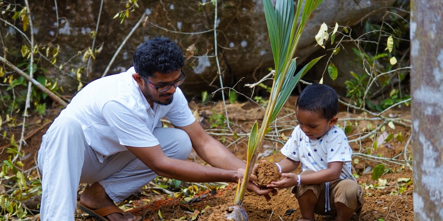 Volunteer and child planting a coconut tree in Baddegama during the Vimukthi Foundation Coconuts for Sustainability tree planting drive