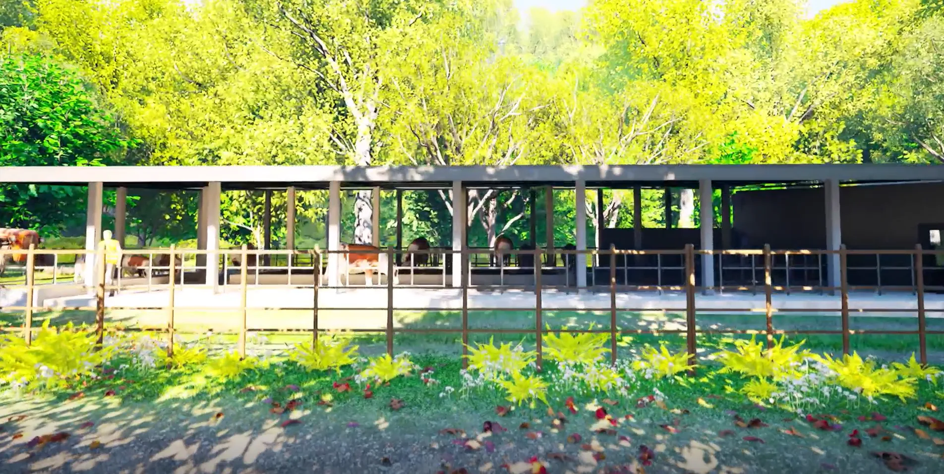 3D architectural architectural rendering of the modern, open-concept Noble Dairy Farm shelter surrounded by greenery