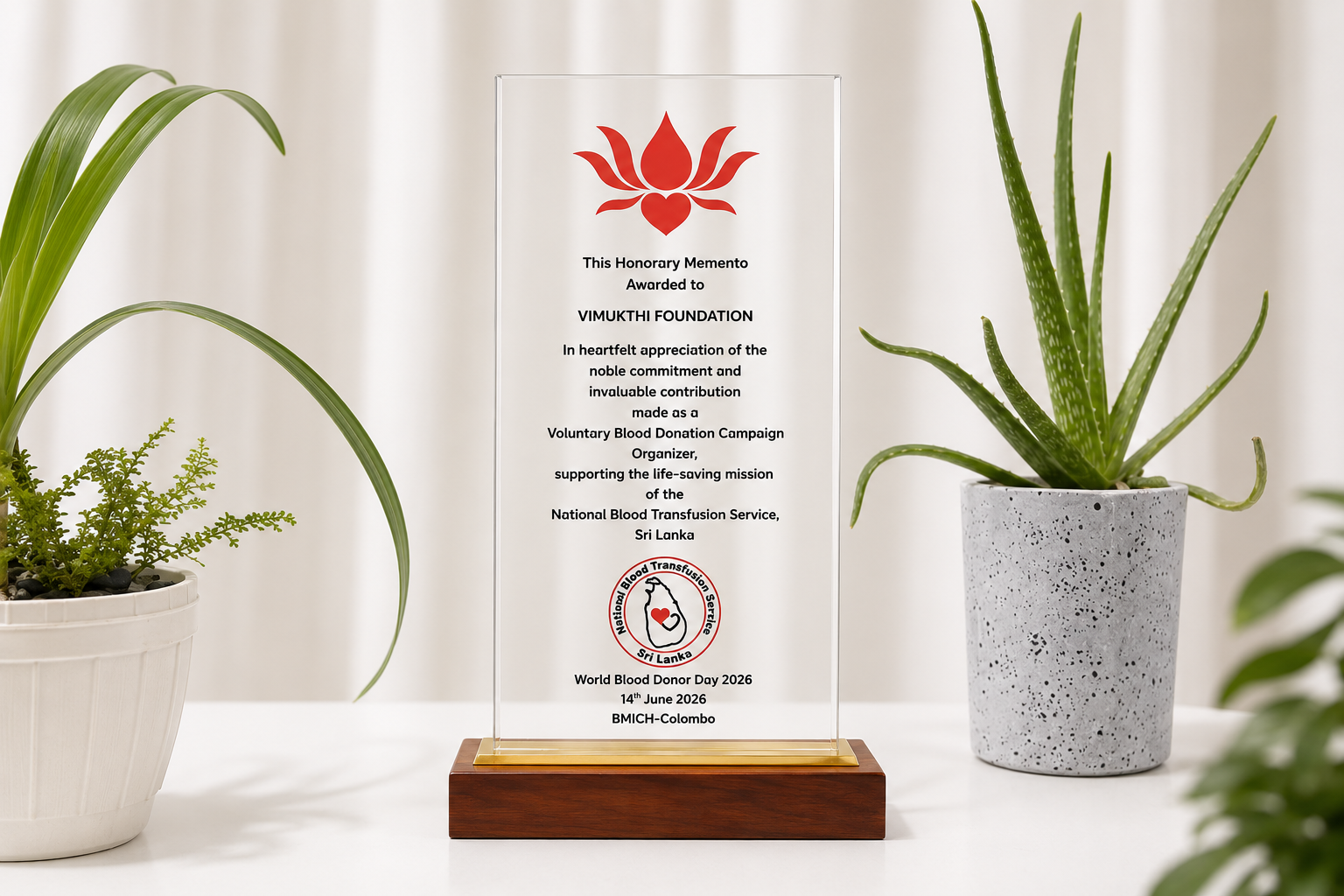 Commemorative plaque presented to Vimukthi Foundation by the National Blood Transfusion Service Sri Lanka