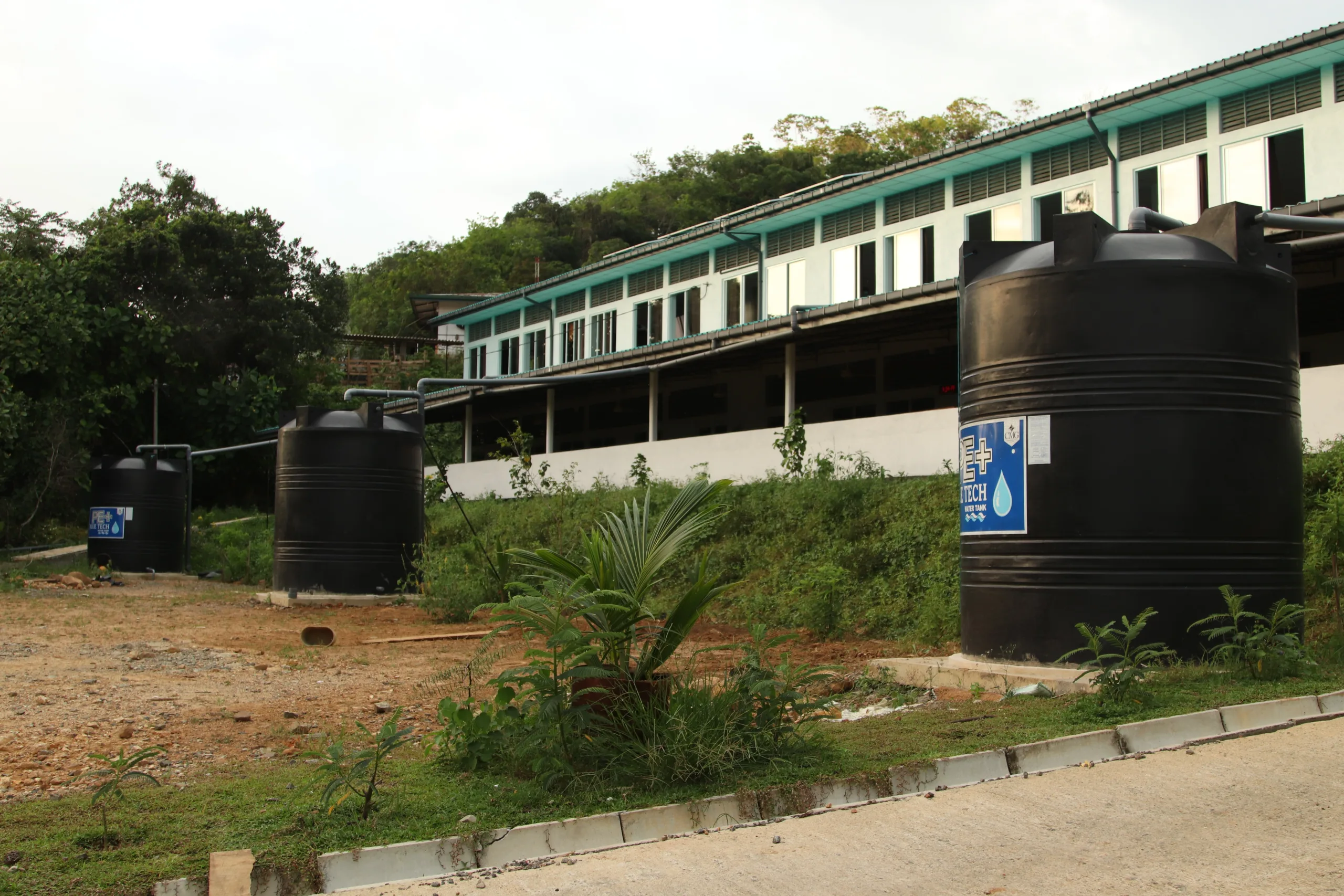 Rainwater harvesting tanks providing clean water for communities in Sri Lanka