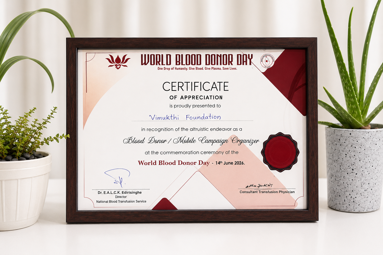 Certificate of appreciation awarded to Vimukthi Foundation at World Blood Donor Day ceremony at BMICH Colombo